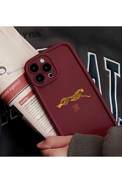 IPHONE 15 PRO MAX LEOPAR DESENLİ BORDO DARBE KORUYUCU KILIF