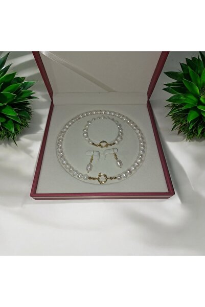 AYTENS TAKI Doğal Inci Kolye Bileklik Küpe Seti (PASLANMAZ ÇELİK GEMİCİ KİLİD...