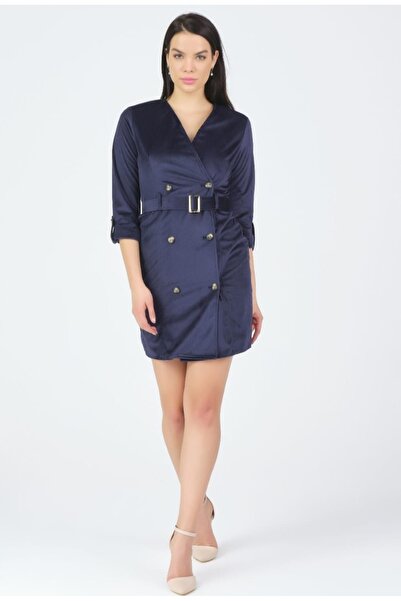 ZY BUTİK الأزرق الداكن مزدوجة الصدر طية صدر السترة ثلاثة أرباع الأكمام مضلع ا...