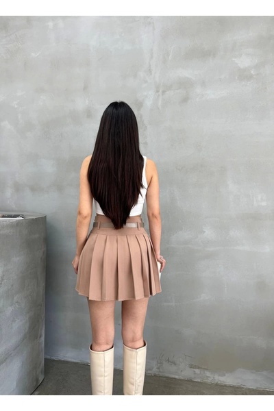 Genel Markalar Kadın Vizon İçi Astarlı Şortlu Kemerli Pileli Mini Şort Etek