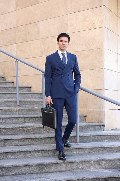 AEK FIORE Men's Navy Blue Striped Double Breasted Suit