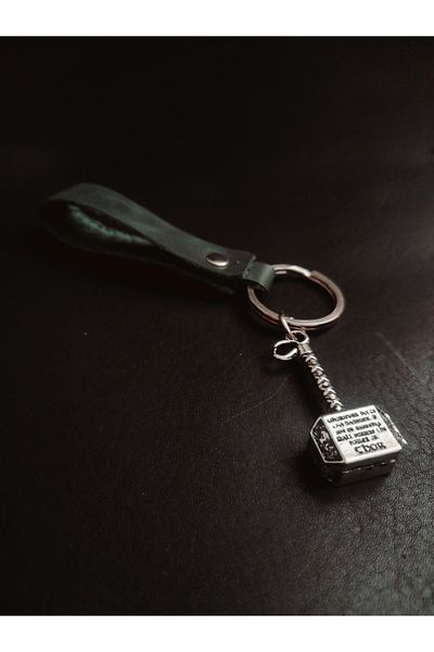 BSN Store سلسلة مفاتيح من الجلد الطبيعي باللون الأخضر الكاكي مع مجسم إسكندنافي ثور هامر