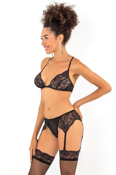 Miorre 4-Piece Lace Garter Set Without Underwire, Without Cup, Openable from the Front