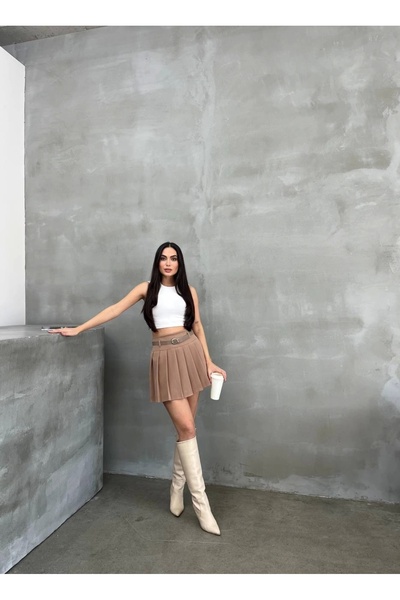 Genel Markalar Kadın Vizon İçi Astarlı Şortlu Kemerli Pileli Mini Şort Etek