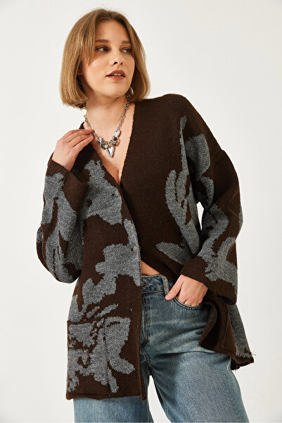 Bianco Lucci Women's Leaf Patterned Glitter Knitwear Cardigan 241142 60261320