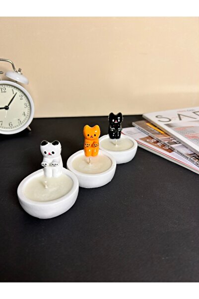 Vela Anatolia Vanilya Kokulu Üçlü Kedi Figürlü Mum Seti – El Yapımı, Taş Tozu, Dekoratif