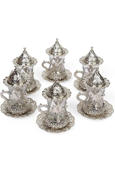 KT HOME Ottoman Metal Tea Cup Set with Spoon - Traditional Turkish 6 Pieces Zemzem Fır