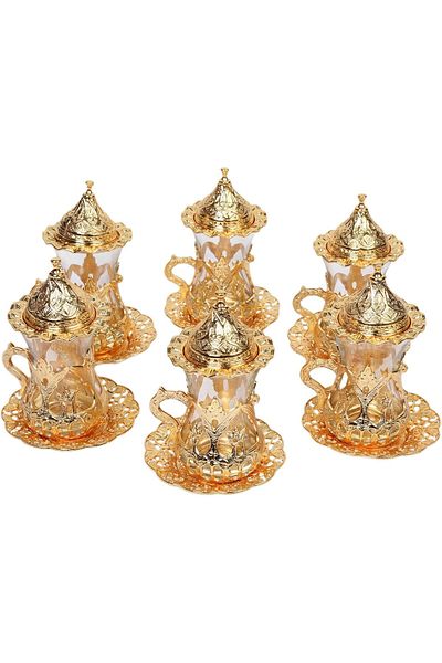 KT HOME Ottoman Metal Tea Cup Set with Spoon - Traditional Turkish 6 Pieces Zemzem Fır