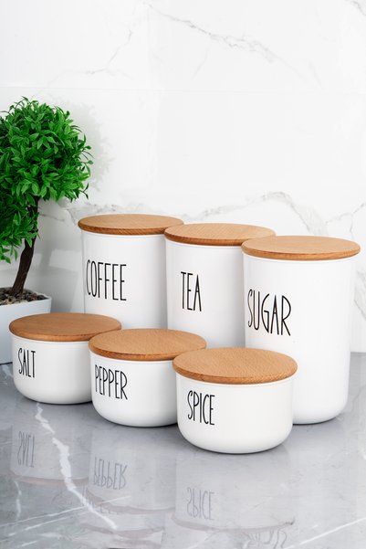 MODA OZY Set of 6 Acrylic (Plastic) Jars with Wooden Lids 900Ml/400Ml with Transfer Labels