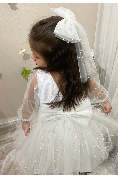 SHClothing accessories فستان بناتي بأكمام طويلة من اللؤلؤ الأبيض الفاتح لحفلات الزفاف وأعياد الميلاد والحفلات