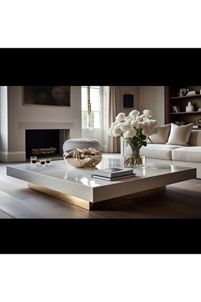 LUXURY VİLLA Luxury Beyaz Camlı Gold Aynalı Orta Sehpa 90x90 Yükseklik 25cm