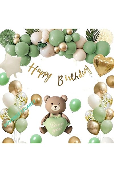 DÜVENCİ TİCARET KÜF YEŞİLLİ OTURAN KALPLİ AYI FOLYO BALONLU BALON SET