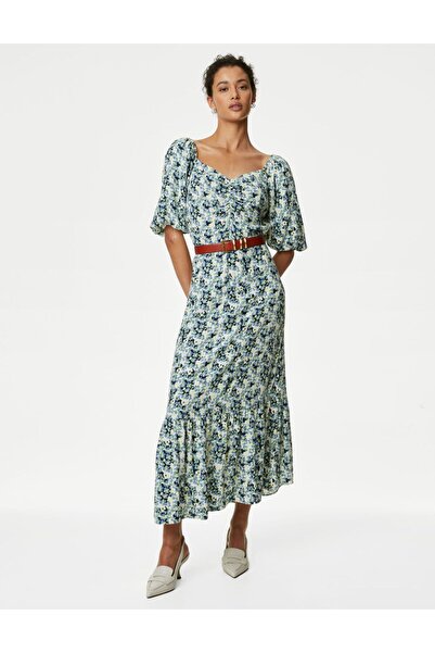 Marks & Spencer Çiçek Desenli Kısa Kollu Midi Elbise