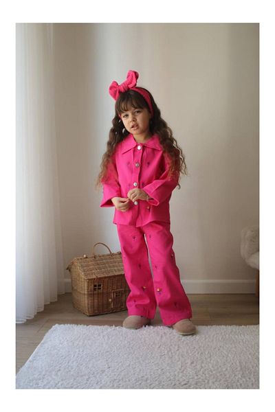 Butik Fuchsia Shirt Pants Floral Motif Girls' Set