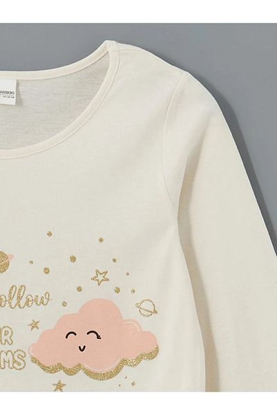 LC Waikiki Lcw Kids Ecru Crew Neck Girls Pajamas Set