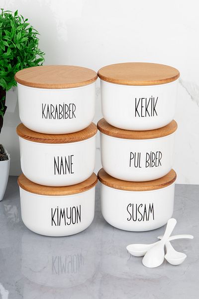 MODA OZY Set of 6 400ml Vacuum Wooden Lid Acrylic Spice Shakers with Transparent Spoon Gift