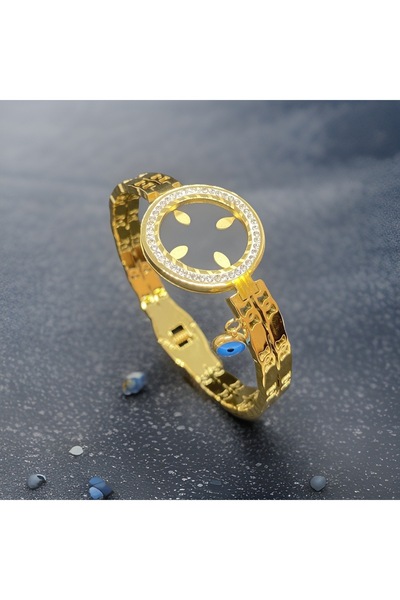 FM أناقة مع خرز عين الشر: سوار ربع نسائي من الفولاذ ذو لون ذهبي لامع ونمط خاص