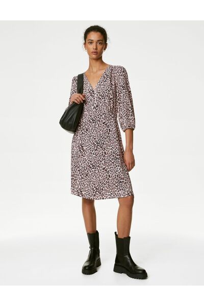 Marks & Spencer Leopar Desenli V Yaka Mini Elbise