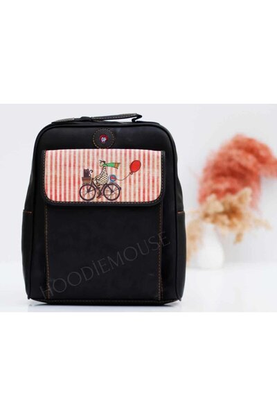 HOODİEMOUSE Unisex Bag with Bicycle Figure Both Back and Cross and Hand Ethnic Bohemian Style - Black