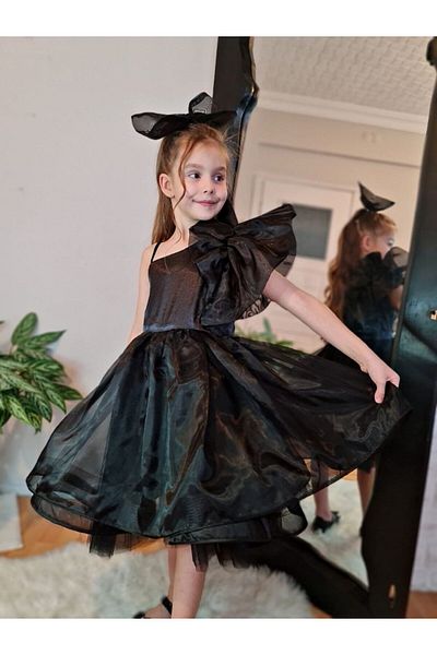 Sare Çocuk Giyim Girl's Black One Shoulder Ruffle Detail Princess Model Graduation Dress