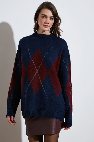 Lela Diamond Patterned Standard Fit Crew Neck Sweater Pullover 4615574