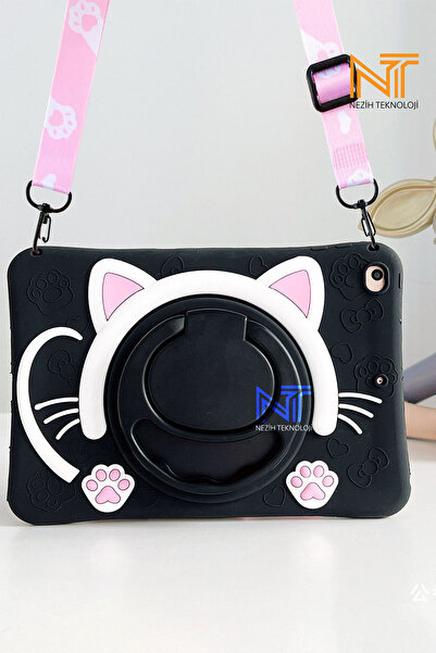 Nezih Case Apple Ipad 7 / 8 / 9 Nesil 10.2 Inç Uyumlu Çocuklar Için Kedi Temalı Standlı Askılı Silikon Kılıf