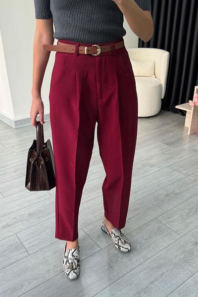 ECEMİ Burgundy Loose Cut Belted Carrot Trousers