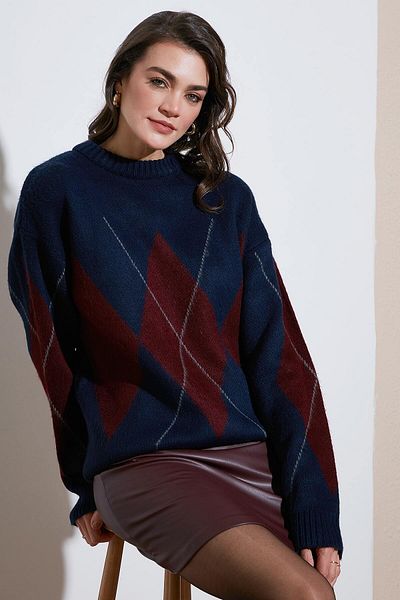 Lela Diamond Patterned Standard Fit Crew Neck Sweater Pullover 4615574