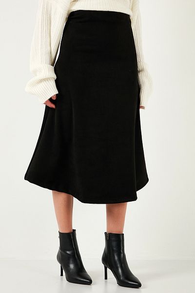 Lela Stretch Regular Fit High Waist Midi Length Suede Bell Skirt Skirt 5866180