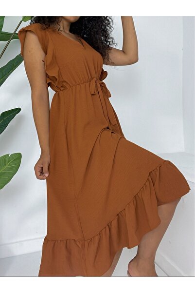 Modamorfo Nařasený ramenní elastický pas s nulovým rukávem, středně dlouhé šaty Ayrobin - opálení