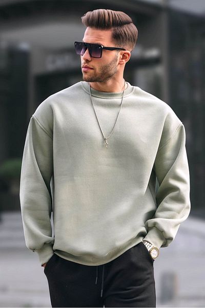 Madmext Mintgrünes Oversize-Basic-Herren-Sweatshirt mit Rundhalsausschnitt 6048