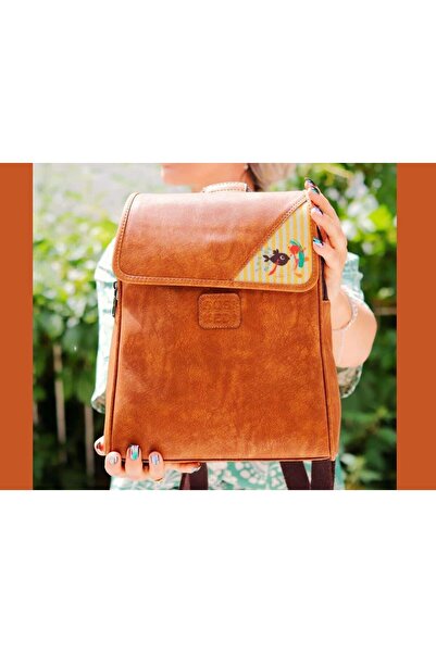 HOODİEMOUSE Ethnic Bohemian Style Business Backpack - with Trout Figure, Taba