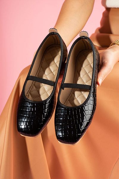FUGA MODA Ruby Black Crocodile Patterned Rubber Banded Ballerinas
