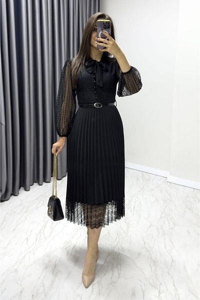 Kokosh moda Τζιν Γυναικείο Φόρεμα - Δαντελένια Λεπτομέρεια και Πιέτες