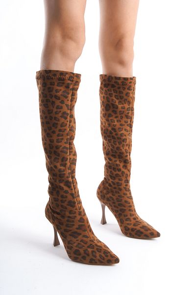 NITU Shoes Cizme elastice cu toc înalt din piele intoarsa cu model leopard