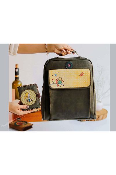HOODİEMOUSE Little Prince Pattern Unisex Bag with Back and Cross and Hand Ethnic Bohemian Style Combination Green Wallet