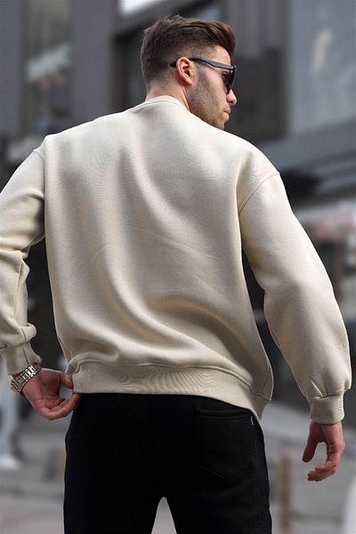 Madmext Μπεζ ανδρικό φούτερ με λαιμόκοψη Oversize Basic 6048