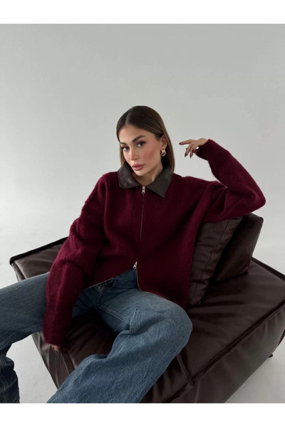 LUMİART سترة نسائية جلد بياقة قطن ذو ملمس بارز مزدوج الوجهين بسحّاب أمامي - أ...