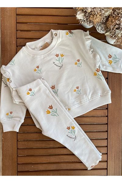 Baby Babyaden Tulip Printed Girl's Ribbed Tights and Comfortable Cotton Baby Set