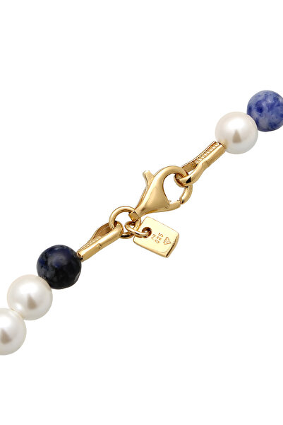 KUZZOI Halskette Herrenperlen mit Muschelkernperlen und blauem Achat in 925 Sterling Silber vergoldet