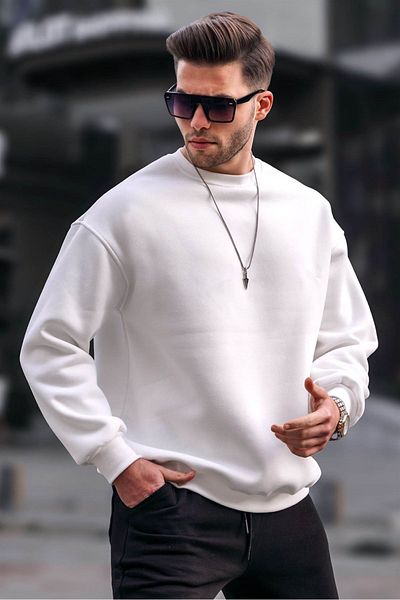 Madmext Pánská mikina Ecru Crew Neck Oversize Basic 6048