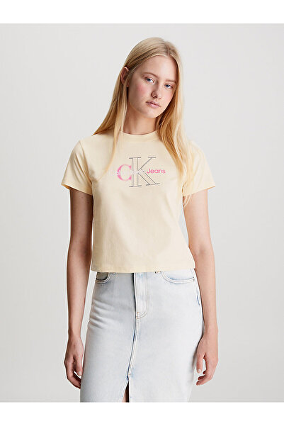 Calvin Klein Kadın Sarı Monologo Baby Tee T-shirt