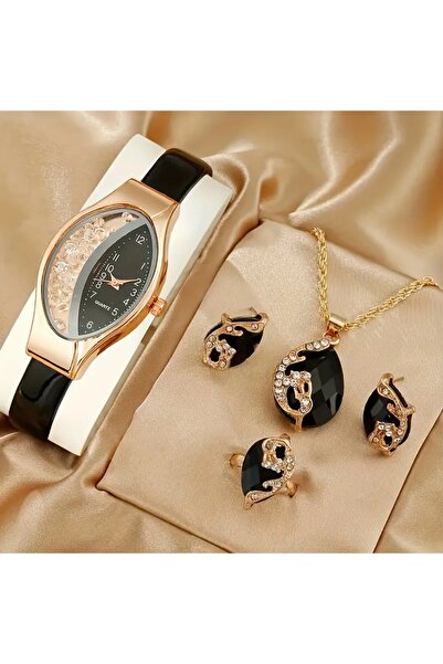 Mumicemum Elegant Kadın Kuvars Saat ve Kolye+Küpe+Yüzük 5li Takı Seti,