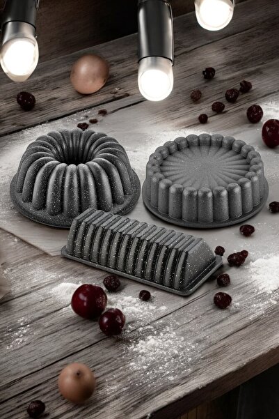 Umut 3lü Granit Döküm Kek Kalıbı Tart Kalıbı Ve Baton Kalıbı Seti Siyah 26cm