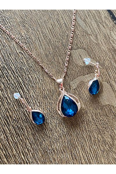 Store Blue Stone Necklace Earrings Set with Water Drop Motif