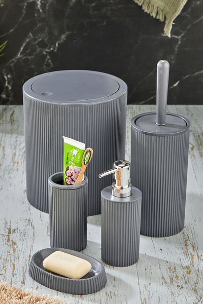 Homie Line 5 Pieces Round Bathroom Set - Trash Can Wc Brush Liquid-Solid Soap Dispenser Toothbrush