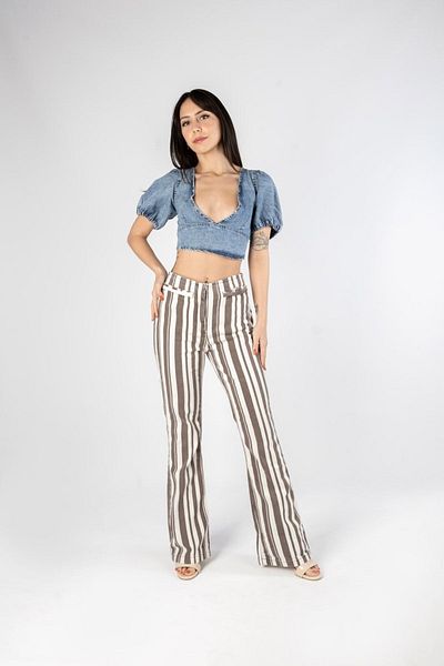 Kutaf Brown Striped Flare Front Pocket Bohemian/Vintage Women's Denim Trousers