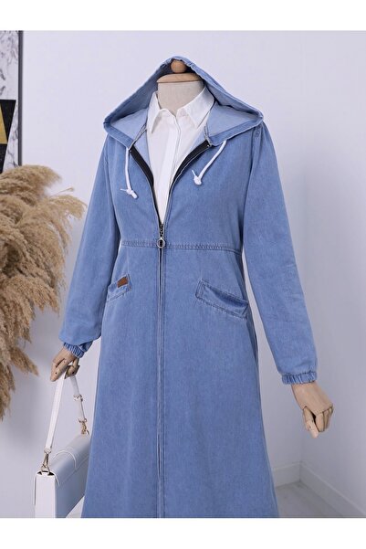 Modamorfo Yan Cepli Kolu Lastikli Kapşonlu Kot Kap -mavi