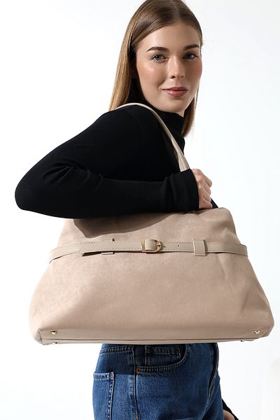 Moda azza Geantă de umăr de lux din piele intoarsa extensibila cu detaliu de catarama pentru cureaua