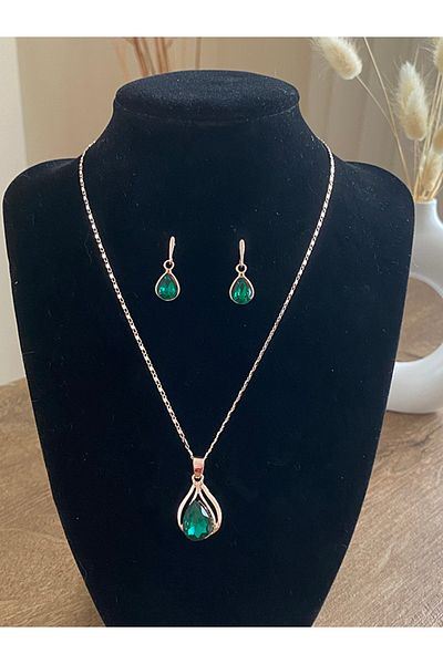 Store Green Stone Necklace Earrings Set with Water Drop Motif